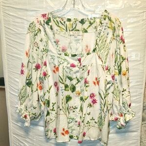 Rachel Zoe White and Pink linen Blend Ruffled Square Neck Baby Doll Blouse sz  M